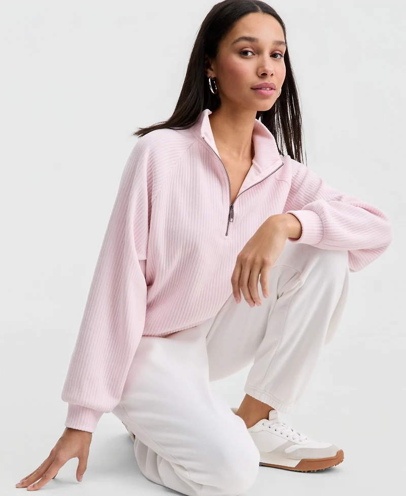 Madden Girl Juniors' Ribbed Knit Quarter-Zip Sweatshirt