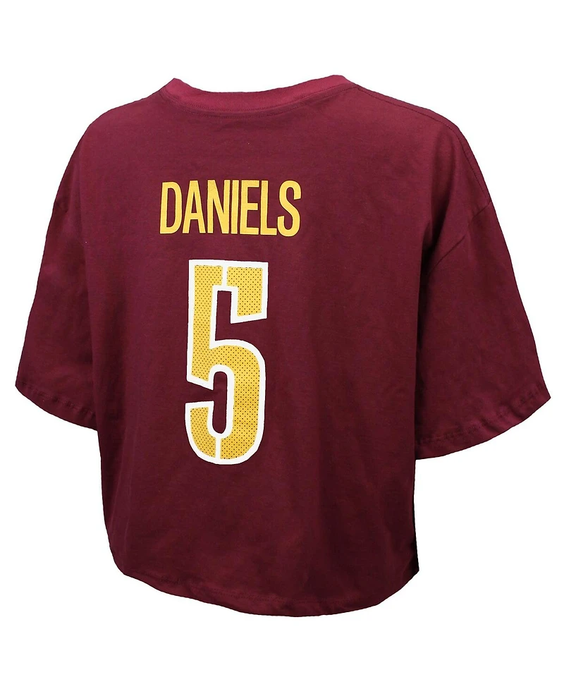 Majestic Threads Women's Jayden Daniels Burgundy Washington Commanders Swarovski Crystals Boxy Cropped Name Number T-Shirt