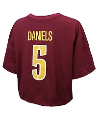 Majestic Threads Women's Jayden Daniels Burgundy Washington Commanders Swarovski Crystals Boxy Cropped Name Number T-Shirt