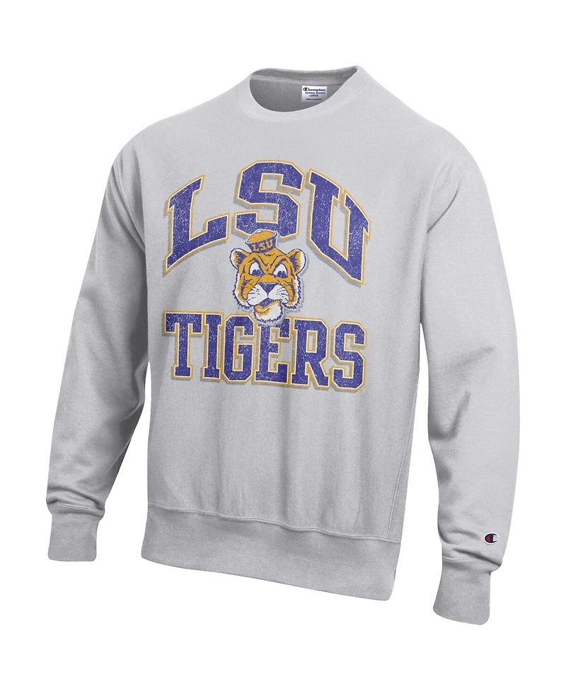 Champion Men's Gray Lsu Tigers Distressed Arch Over Logo Reverse Weave Crew Neck Sweatshirt