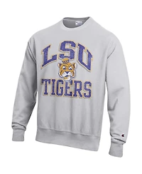 Champion Men's Gray Lsu Tigers Distressed Arch Over Logo Reverse Weave Crew Neck Sweatshirt