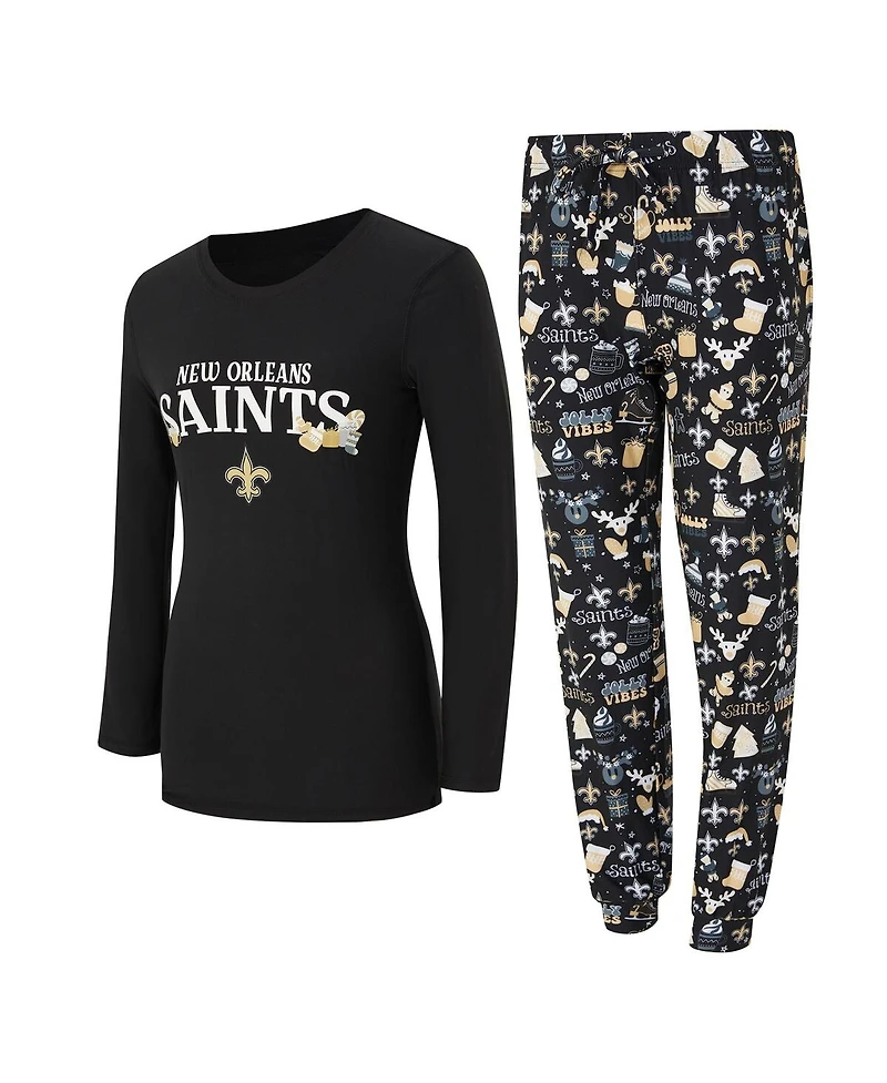 Concepts Sport Women's 2-Piece Black New Orleans Saints Chestnut Long Sleeve T-Shirt and Pants Sleep Set