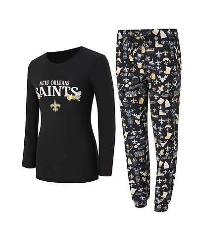 Concepts Sport Women's 2-Piece Black New Orleans Saints Chestnut Long Sleeve T-Shirt and Pants Sleep Set