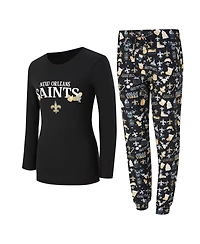 Concepts Sport Women's 2-Piece Black New Orleans Saints Chestnut Long Sleeve T-Shirt and Pants Sleep Set