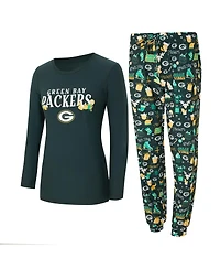 Concepts Sport Women's 2-Piece Green Bay Packers Chestnut Long Sleeve T-Shirt and Pants Sleep Set