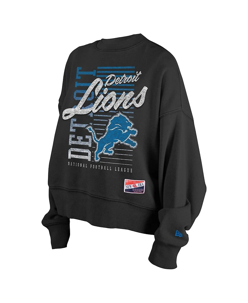 New Era Women's Black Detroit Lions Oversized Throwback Mineral Wash Crew Neck Sweatshirt