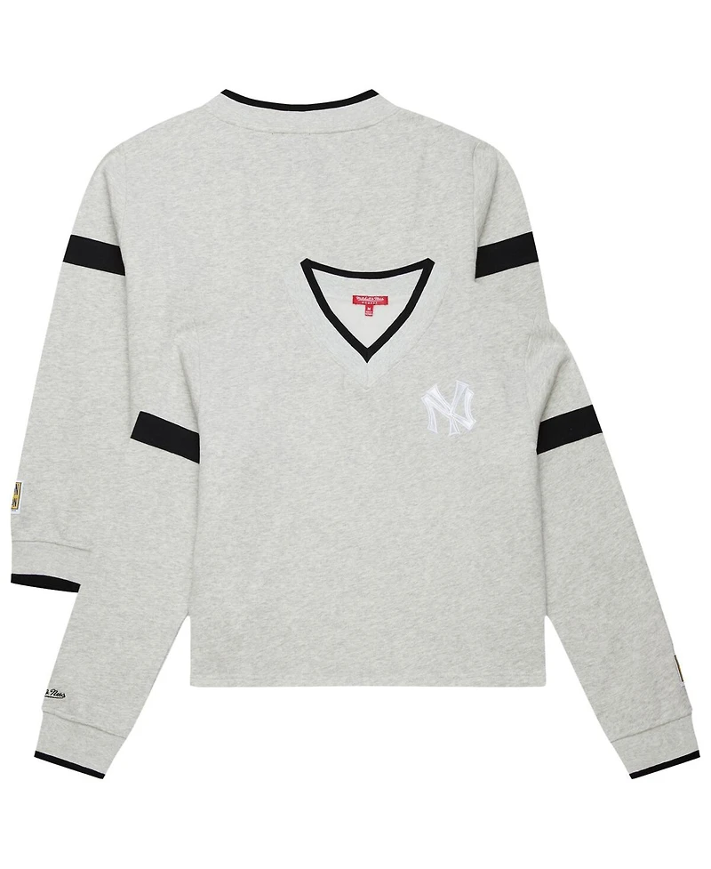Mitchell & Ness Women's Heather Gray New York Yankees Cooperstown Collection V-Neck Cropped Toggle Sweatshirt