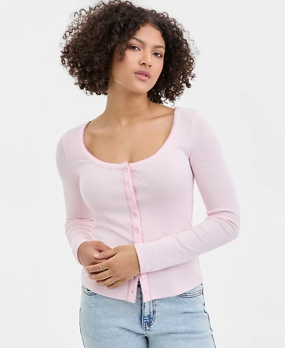 Hippie Rose Juniors' Picot-Trim Pointelle Cardigan Knit Long-Sleeve