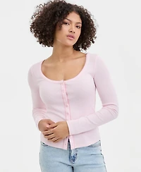 Hippie Rose Juniors' Picot-Trim Pointelle Cardigan Knit Long-Sleeve