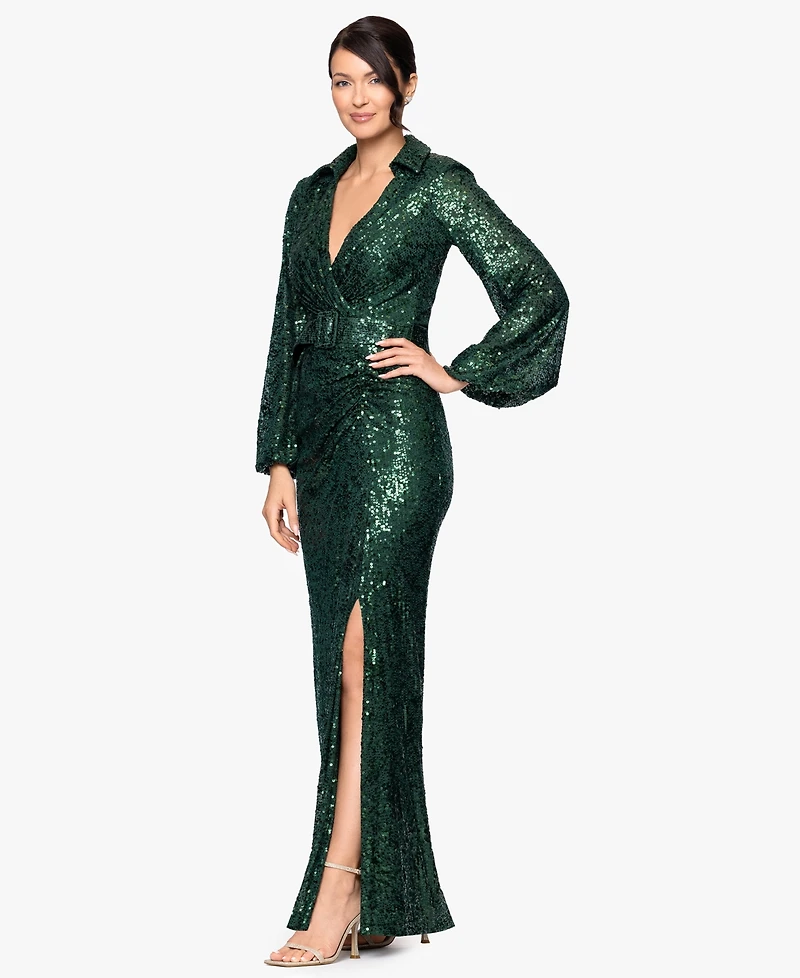 Betsy & Adam Women's Sequin Collared Long Dress