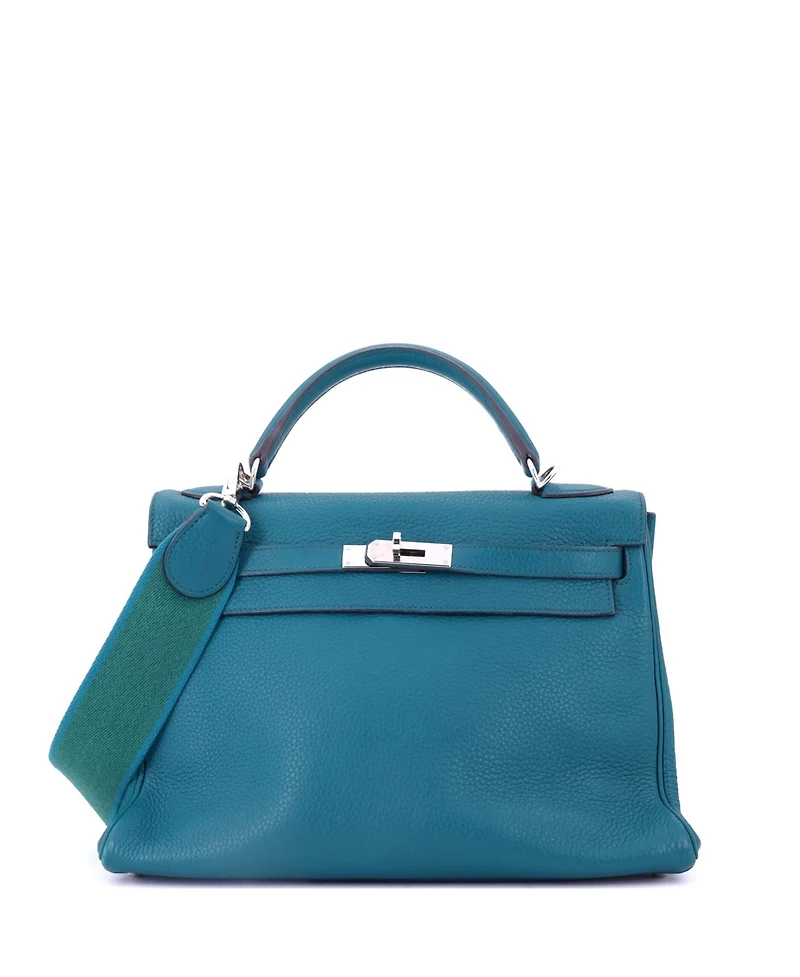 Pre-Owned HERMES 32 Handbag Blue Clemence with Palladium Hardware