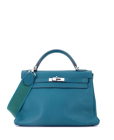 Pre-Owned HERMES 32 Handbag Blue Clemence with Palladium Hardware