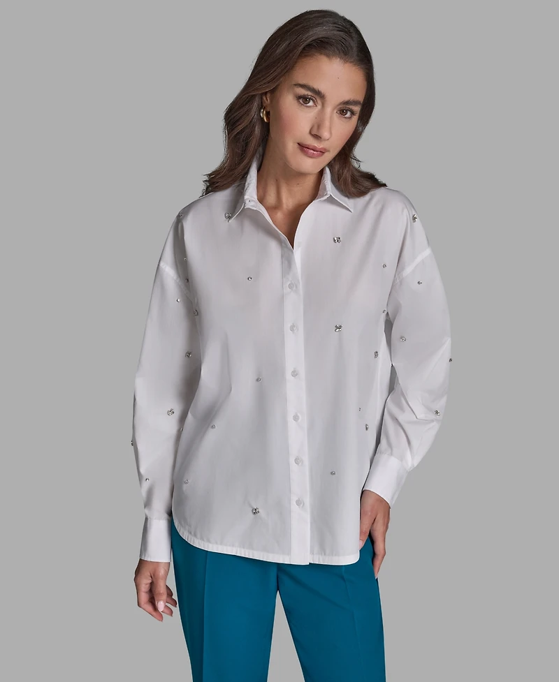 Bcbg Women's Rhinestone Button-Down Collared Top