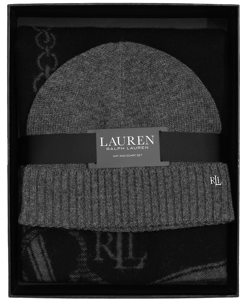 Lauren Ralph Equestrian Woven Scarf and Knit Hat Gift Set