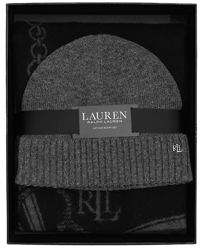 Lauren Ralph Equestrian Woven Scarf and Knit Hat Gift Set
