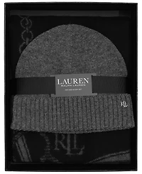 Lauren Ralph Equestrian Woven Scarf and Knit Hat Gift Set