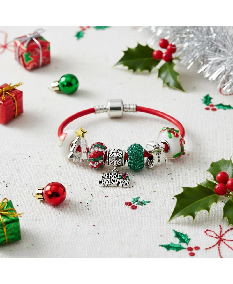 Bling Jewelry Merry Christmas Theme Holiday Santa Clause Gingerbread Man Beads Multi Charm Bracelet Red Leather For Women .925 Sterling Silver Europea