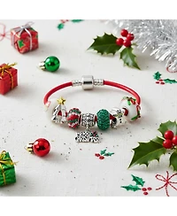 Bling Jewelry Merry Christmas Theme Holiday Santa Clause Gingerbread Man Beads Multi Charm Bracelet Red Leather For Women .925 Sterling Silver Europea