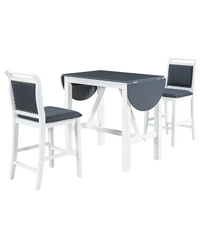 3-Piece Wood Counter Height Drop Leaf Dining Table Set with 2 Upholstered Dining Chairs for Small Place