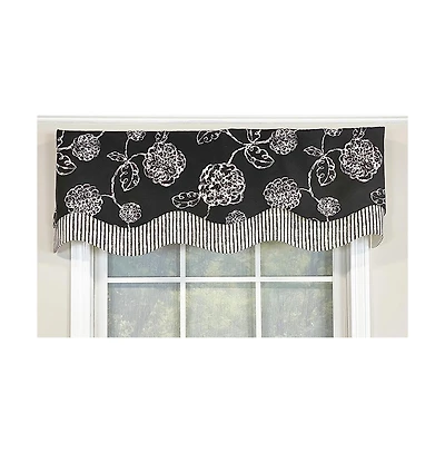 Rlf Home Pouf Floral Glory Valance Black. 3" Rod Pocket, Layered. 50"W X 16"L