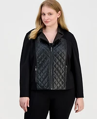 Ak Anne Klein Plus Faux-Leather Mixed-Media Quilted-Front Moto Jacket