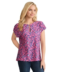 Jones New York Petite Double Trim Extend Shloulder Keyhole Neck Top