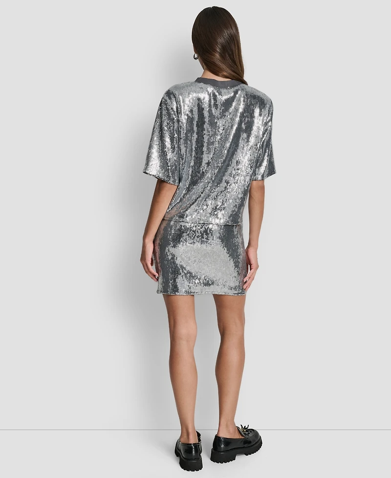 Dkny Jeans Women's Sequins Crewneck Boxy Short-Sleeve Relaxed T-Shirt
