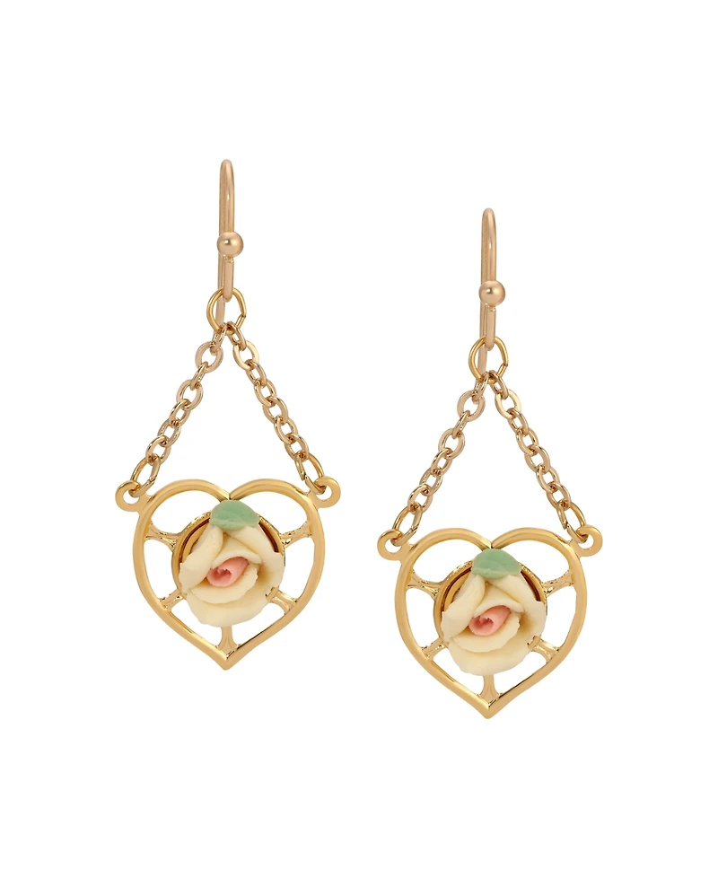 2028 Gold Tone Heart Porcelain Rose Earrings