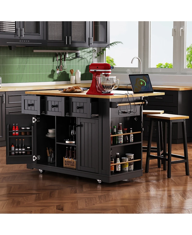 Casainc 53" Kitchen Island With 2 Bar Stools, Drop Leaf, Power Outlet, Open Racks and Drawers on Wheels