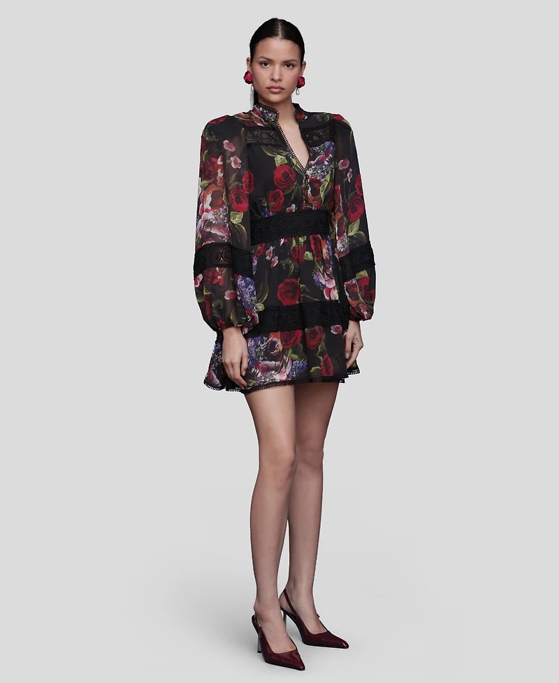 Avec Les Filles Women's Floral-Print Lace-Trim Chiffon Dress