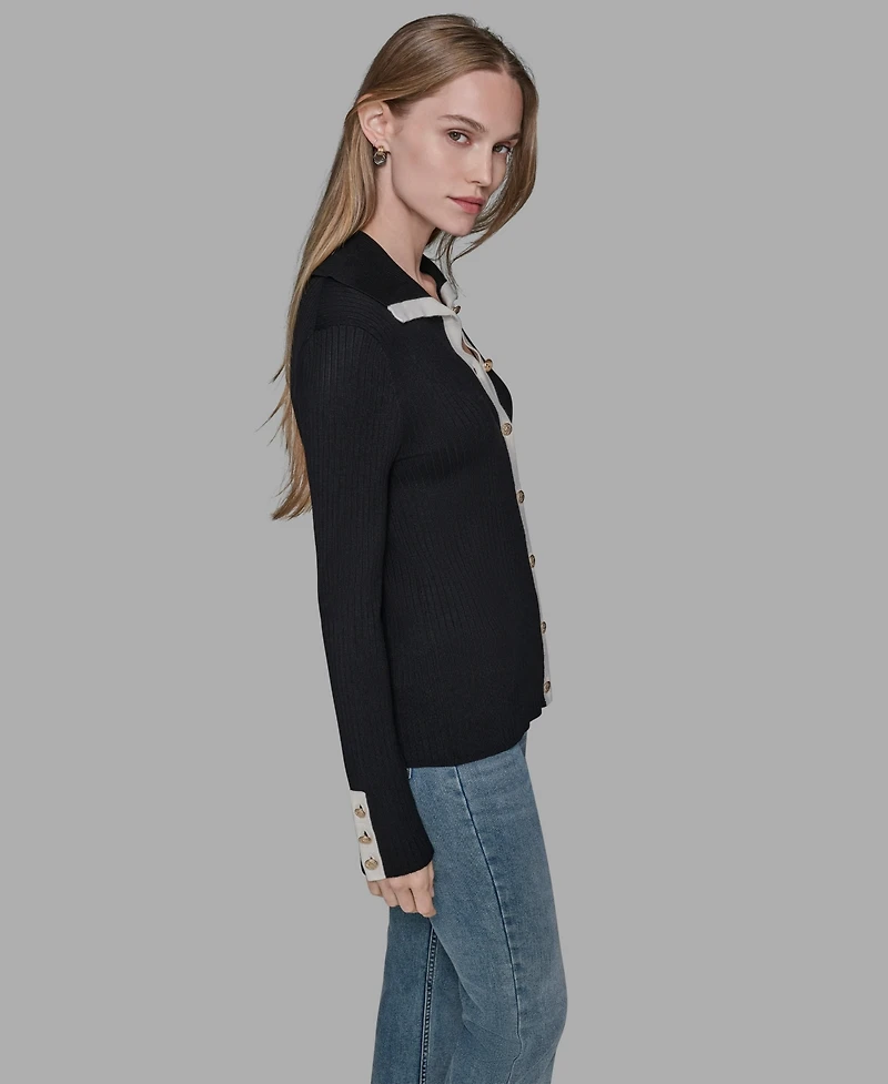 Karl Lagerfeld Paris Women's Open Collar Button Down Sweater