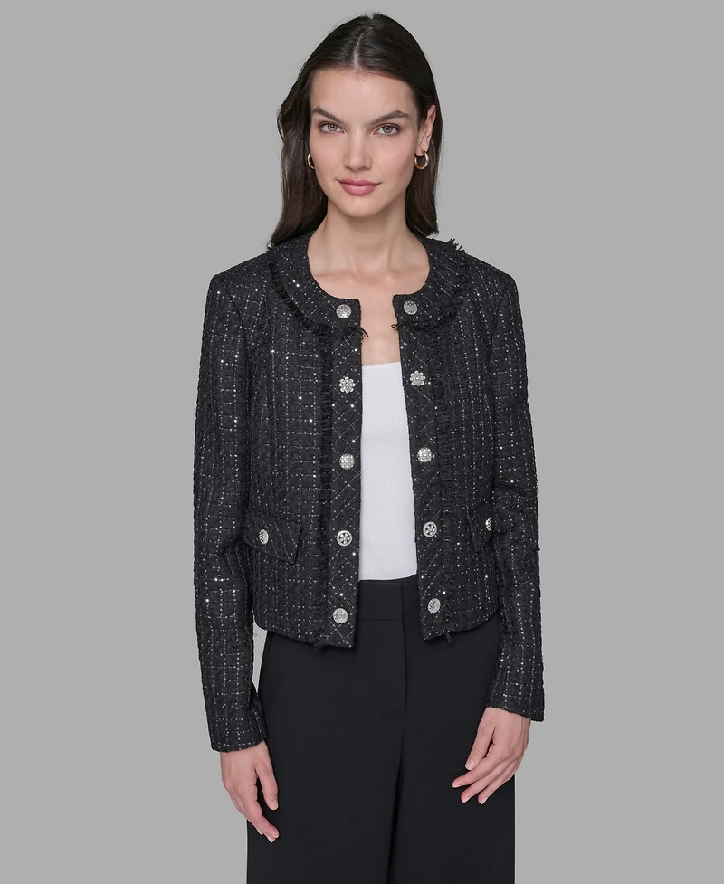 Karl Lagerfeld Paris Women's Cropped Collarless Tweed Jacket