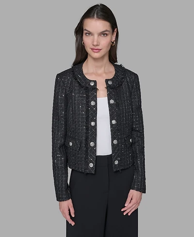 Karl Lagerfeld Paris Women's Cropped Collarless Tweed Jacket