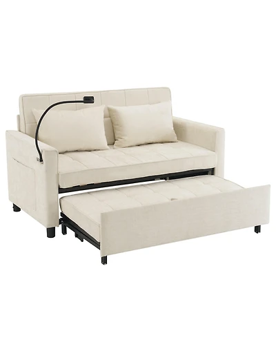 Boyel Living 56.9" Loveseat Sofa Bed, Pull-Out Sleeper, Linen, Reversible Backrest, Side Pockets, Usb Ports, Phone Holder
