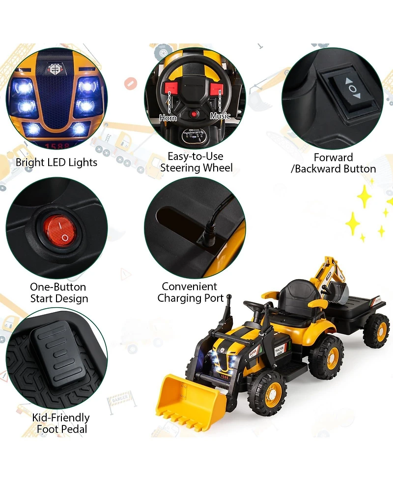Mecale 4-in-1 Kids Ride On Tractor 12V Excavator Bulldozer With Remote Control