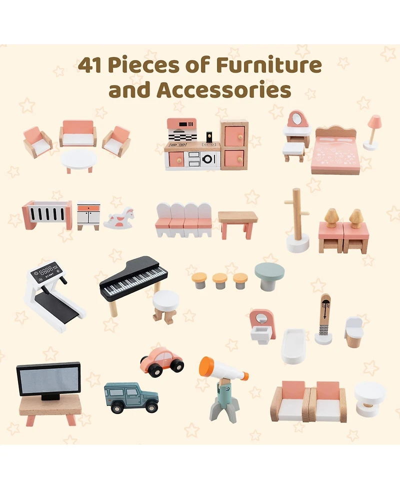 Mecale Wooden Corner Dollhouse Playset with 41 Pieces of Accessories for Kids Ages 3 and Up