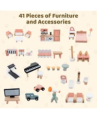 Mecale Wooden Corner Dollhouse Playset with 41 Pieces of Accessories for Kids Ages 3 and Up