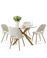 Maison Boucle Modern Round Glass 5-Piece Dining Set – Mid-Century Table & Upholstered Chairs for Small Spaces