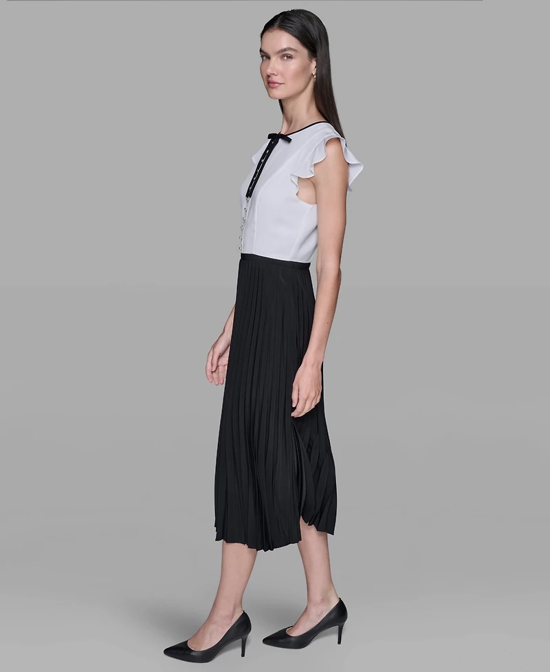 Karl Lagerfeld Paris Women's Silky Crepe Midi Dress with Pleated Skirt