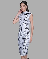 Karl Lagerfeld Paris Women's Printed Print Mock Neck Scuba Sheath Dress