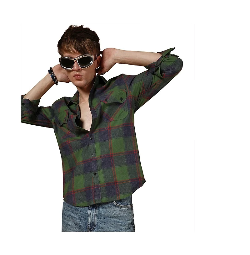 Campus Sutra Men's Forest Green & Indigo Blue Buffalo Check Utility Shirt