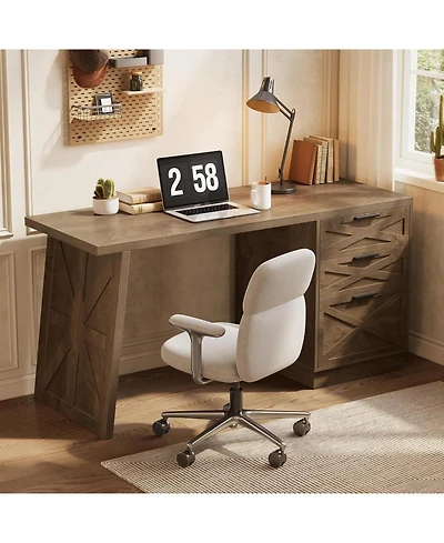 Tribesigns 59" Gaming Desk, Wooden Computer Desk with Drawers, Farmhouse Storage Workstation