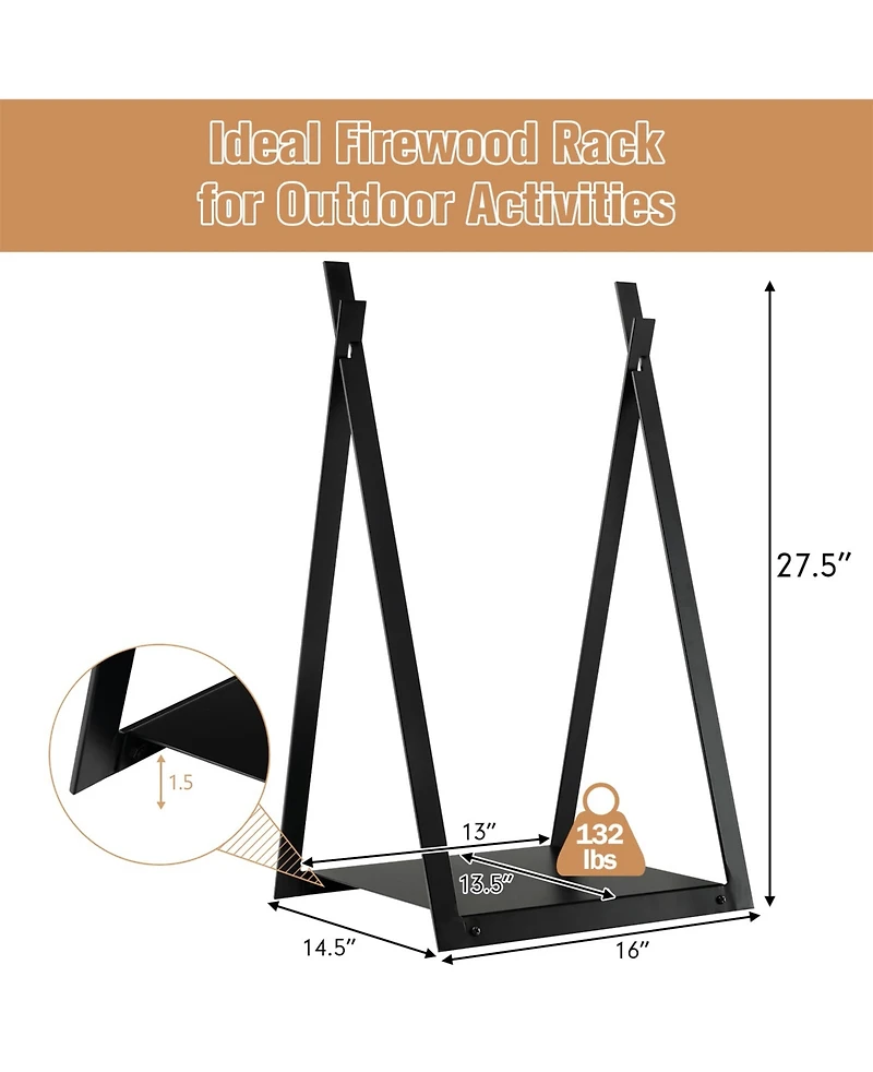 Sugift Triangle Firewood Rack with Raised Base for Fireplace Fire Pit-Black