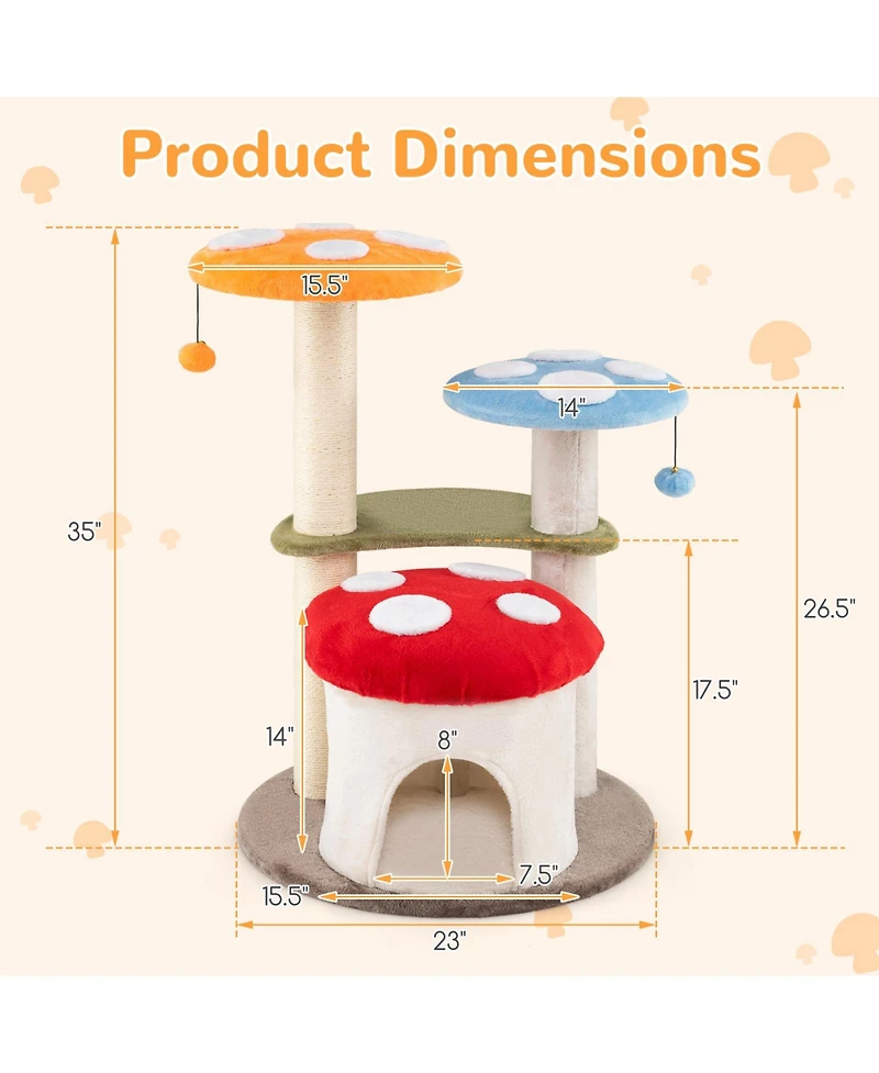 Gymax Cute Mushroom Cat Tree 35'' Tall Cat Tower w/ Sisal Scratching Posts Cat Condo