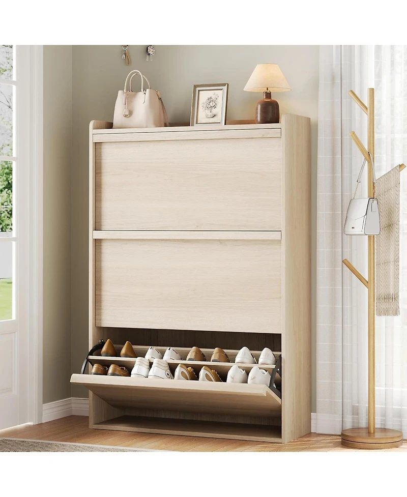Shoe cabinet with 3 flip drawers and 3-tier adjustable shelves. Modern, hidden, freestanding design for entryway, hallway, or living room,Beige