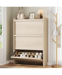 Shoe cabinet with 3 flip drawers and 3-tier adjustable shelves. Modern, hidden, freestanding design for entryway, hallway, or living room,Beige
