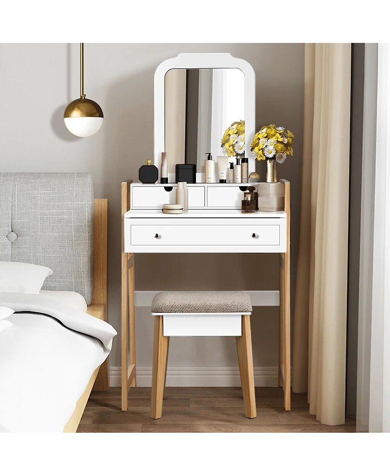 Vanity Table Set with Cushioned Stool and Large Mirror