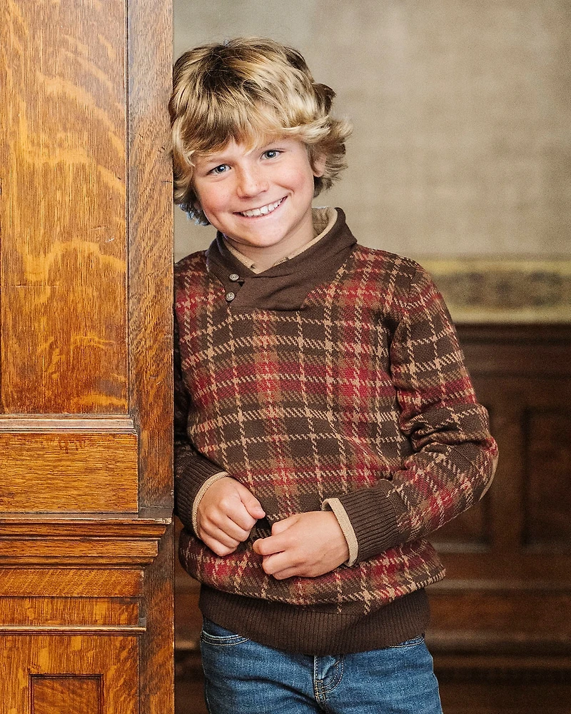 Hope & Henry Toddler Boys Organic Long Sleeve Intarsia Shawl Collar Sweater with Elbow Patches