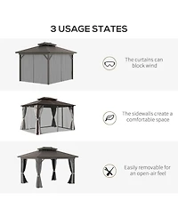 Outsunny 10' x 12' Metal Roof Hardtop Gazebo w/ Curtains & Netting,