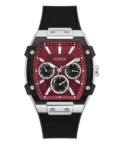 Guess Men's Silver-Tone Black Silicone Multi-Function Watch, 44mm
